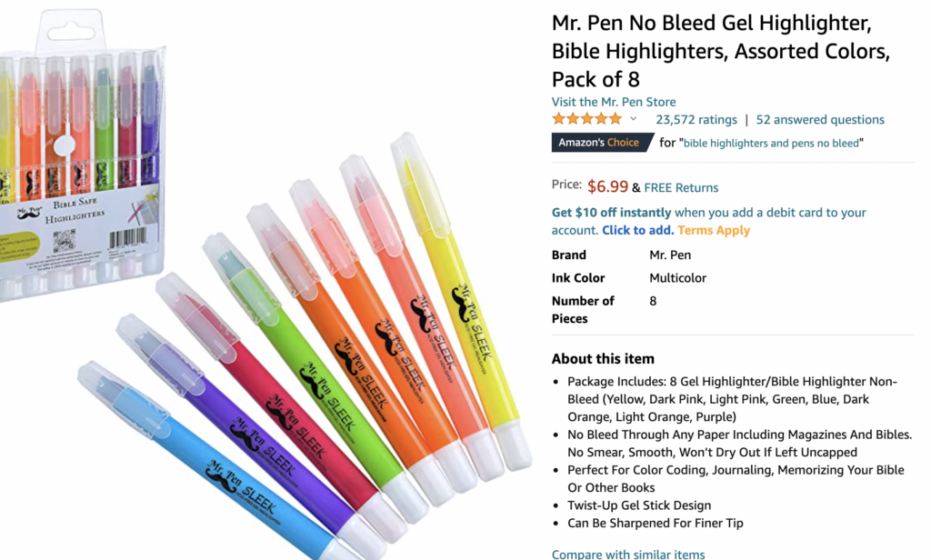 No Bleed Gel Highlighter, Bible Highlighters, Assorted Colors, Pack of 8